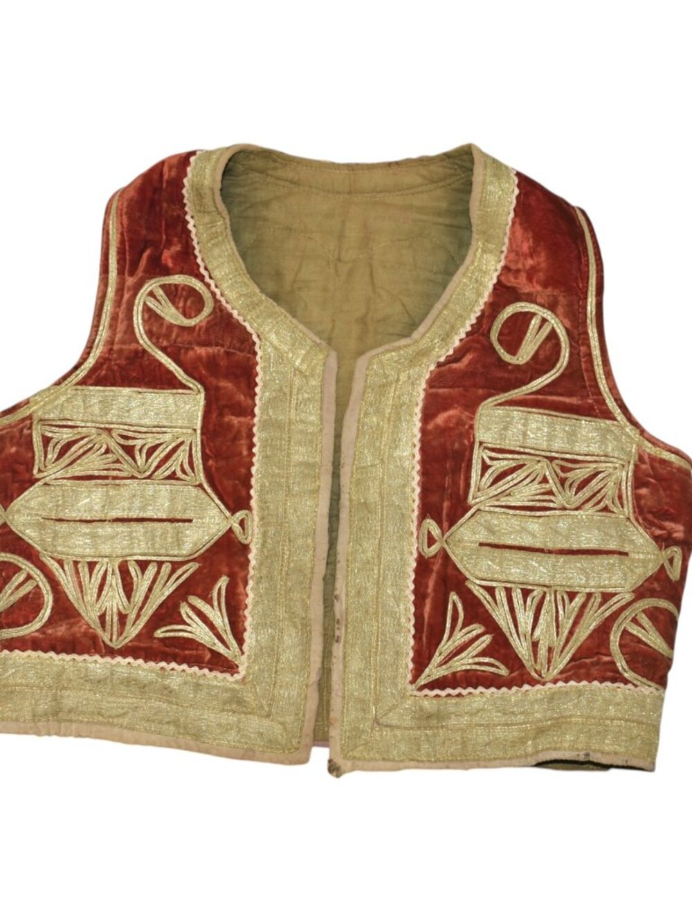Vintage 60s Afghan Style Velvet Embroidered Vest Gold Metallic Braid Hippie L